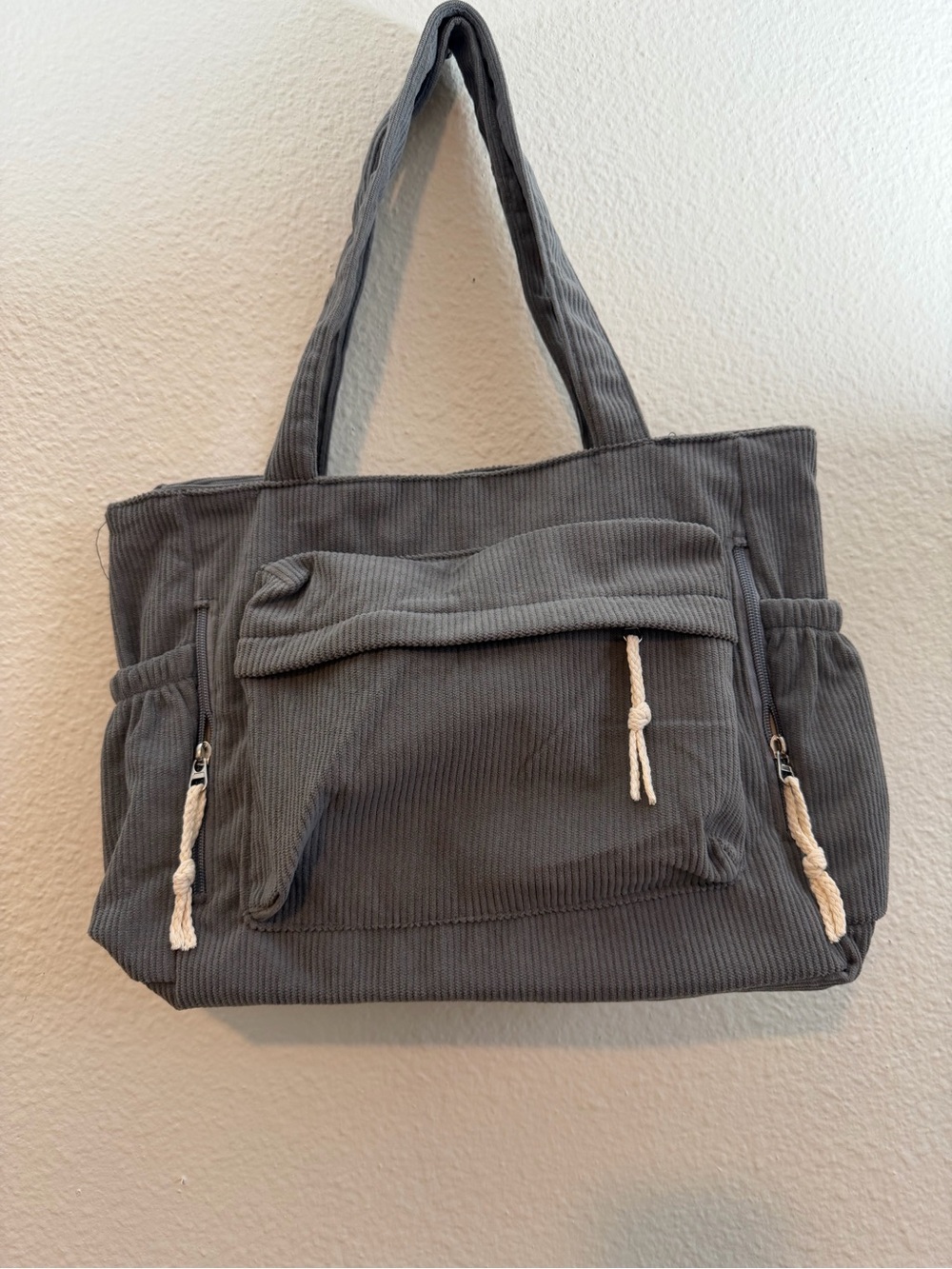 Corduroy Everyday Tote in Gray with Front Pocket